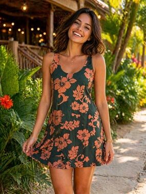 Wild Ginger Hawaiian Floral Mini Dress Open Back Tie Cotton Beach Resort Boho